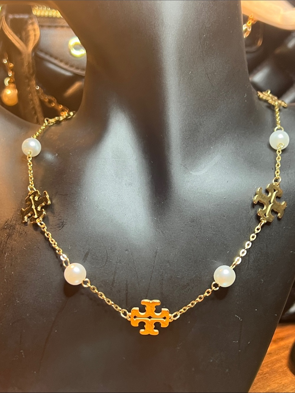 Goldtone Pearl Station Necklace with Logo Motifs